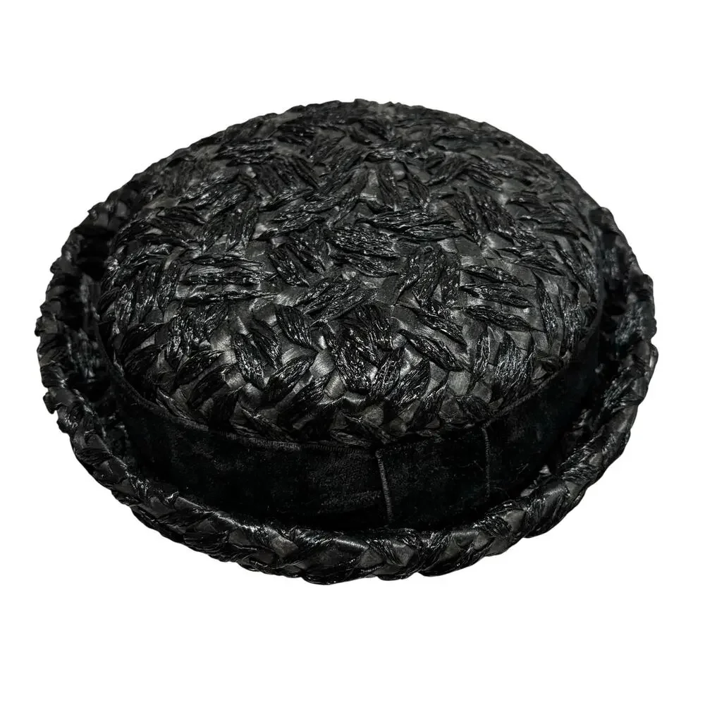 Vintage black straw pillbox hat by Winkelman’s velvet hatband upturned brim